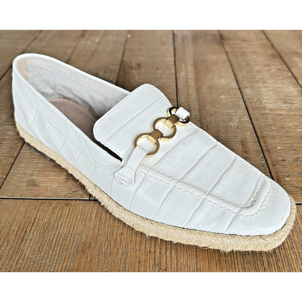 Schutz White Croc Embossed Leather Loafer Flats Chain Espadrille 8.5